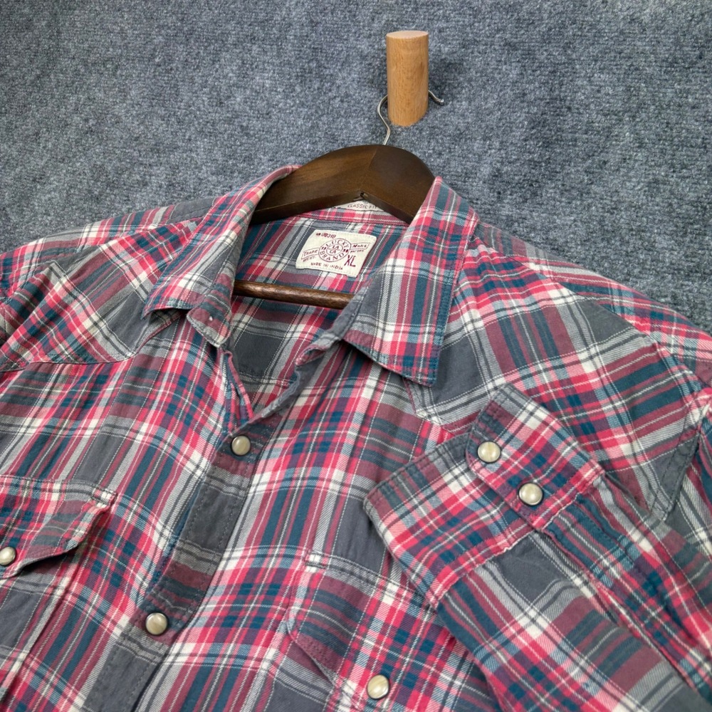 Lucky Brand Western Shirt Mens XL Red Grey Plaid Pearl Snap Cotton Classic Fit
